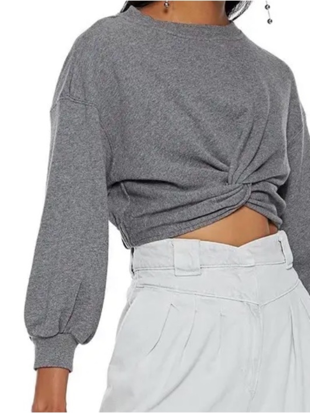 Alice + Olivia Heather Gray Twist-Front Cropped Sweatshirt